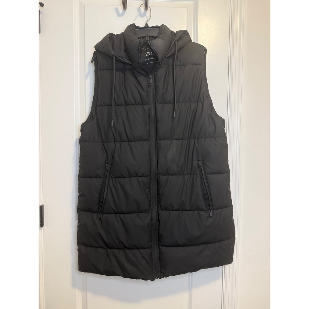 Zara Puffer Vest Women XL Black Excellent Hooded Longline Quilted Gilet Puffy